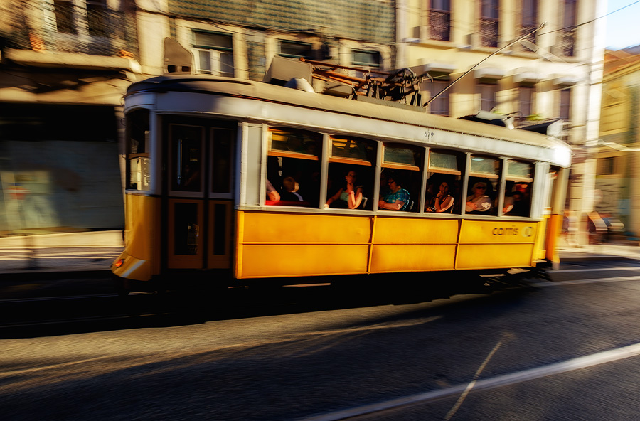 Panning shot of a passing tram in Lisbon. Processed RAW files using Lightroom’s Velvia film simulation.