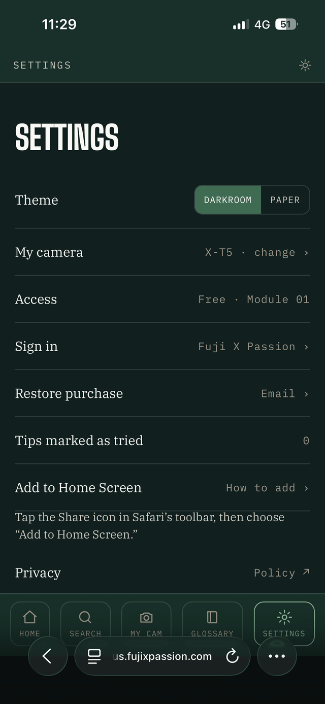 The app's own install instructions, in Settings